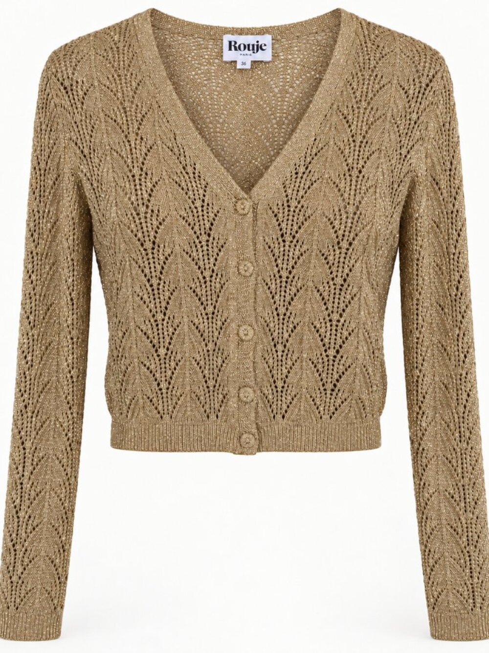 Rouje Gold Metallic Open lace knit V-Neck Buttoned Cropped Cardigan